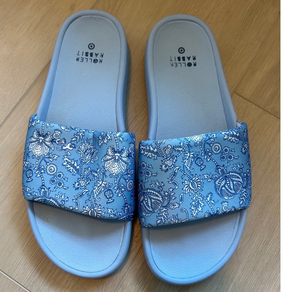 Roller Rabbit x Target Blue Floral Block Print Slide Sandals Womens Size 10